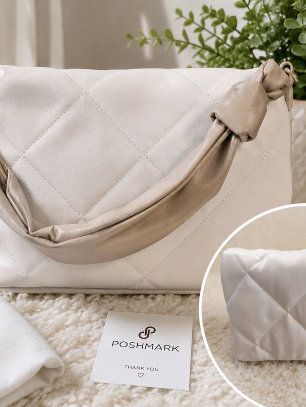 Chic Quilted Cream Shoulder Bag with Taupe Knotted Strap